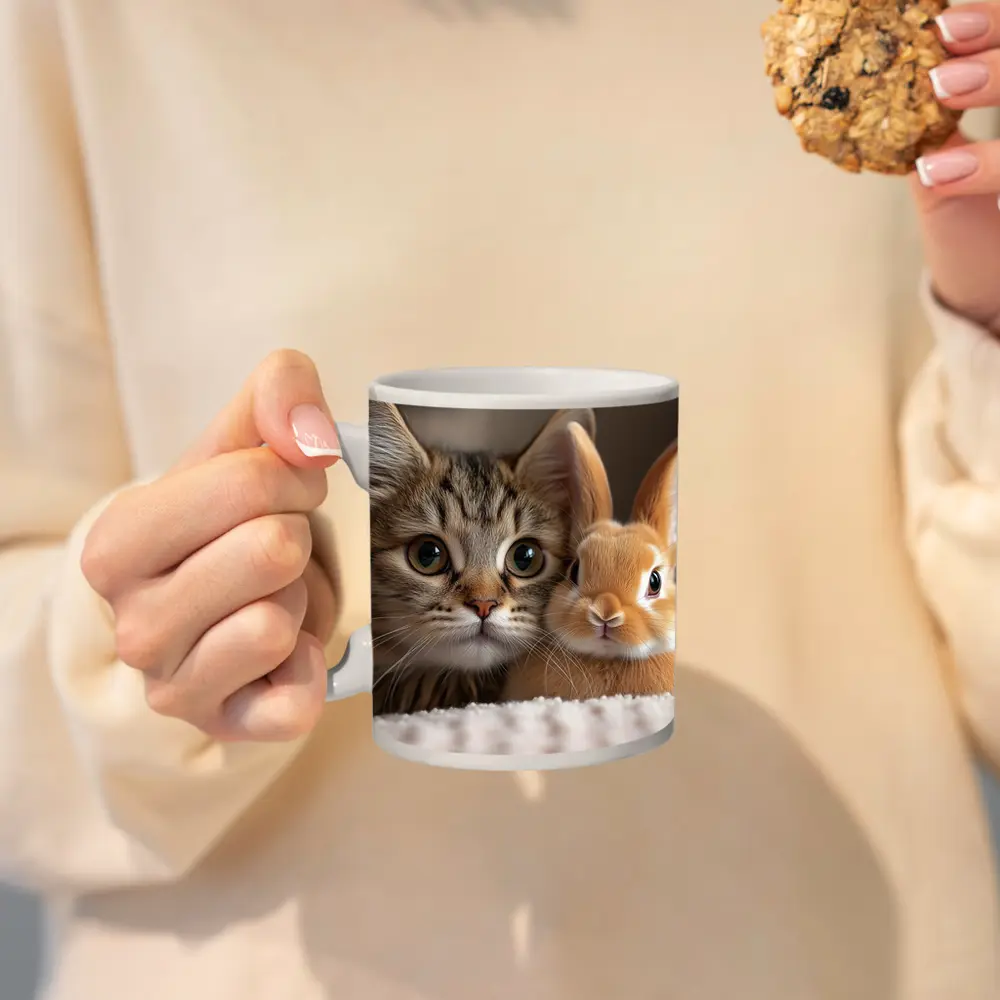 Tabby Cat And Rabbit On White Blanket – Mugs