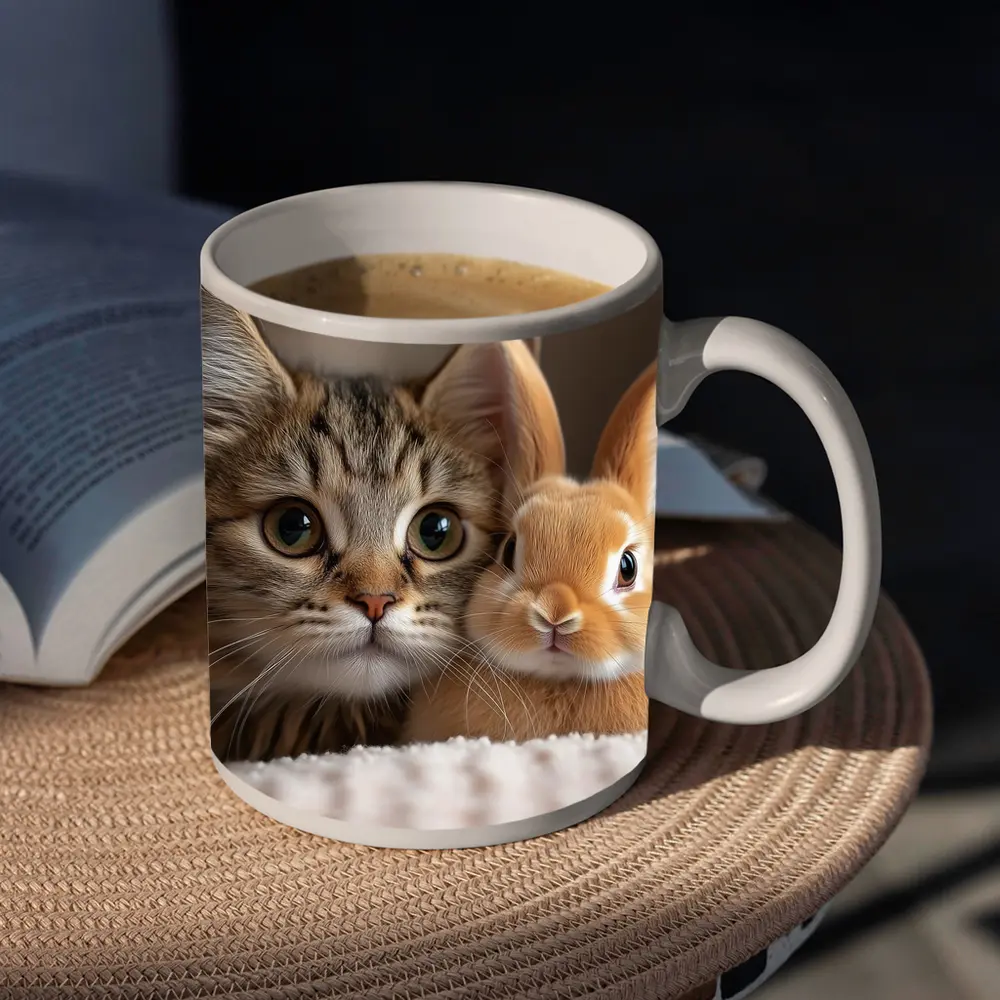 Tabby Cat And Rabbit On White Blanket – Mugs
