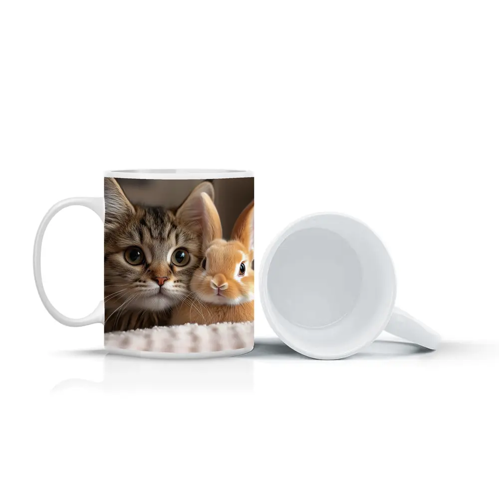 Tabby Cat And Rabbit On White Blanket – Mugs