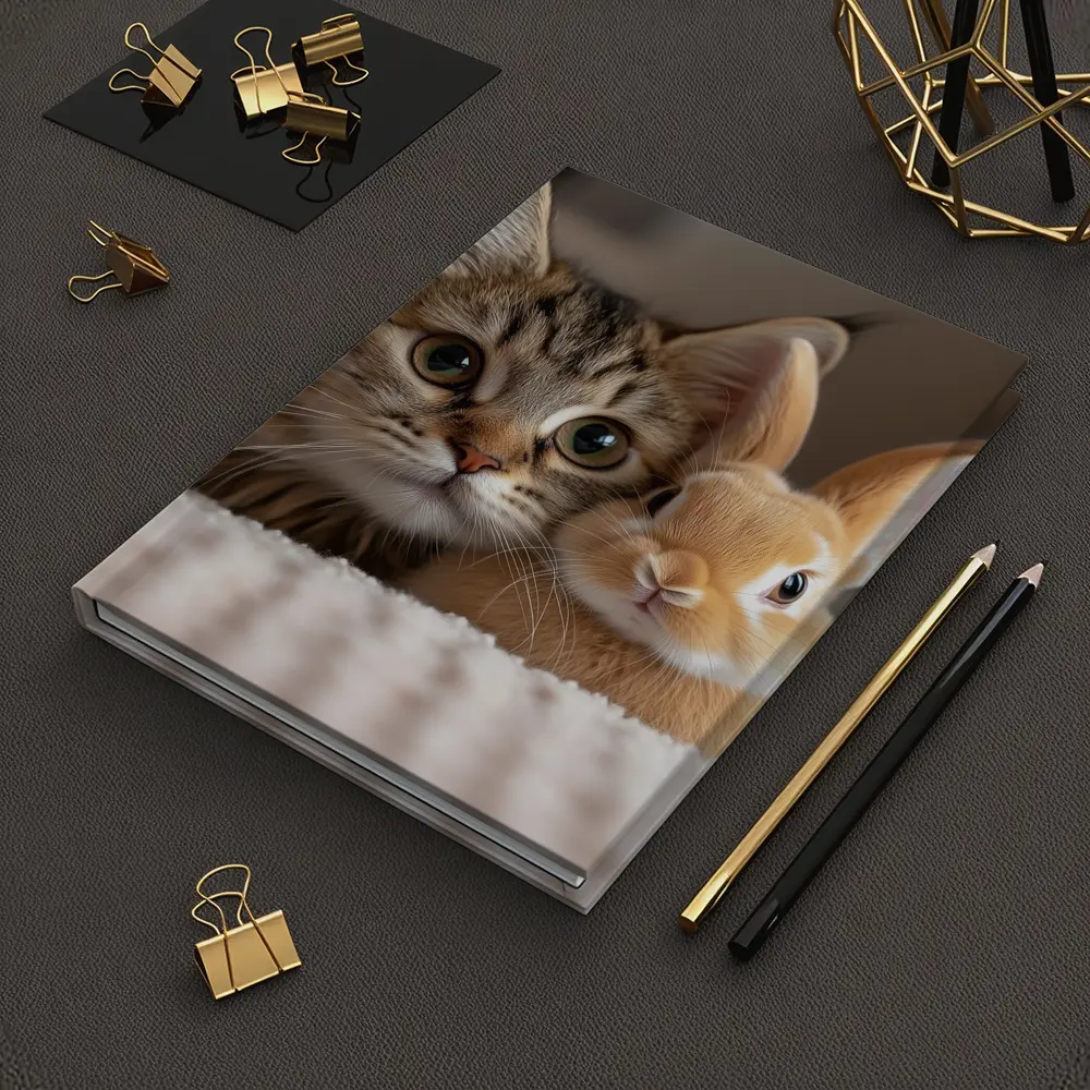 Tabby Cat And Rabbit On White Blanket – Notebooks