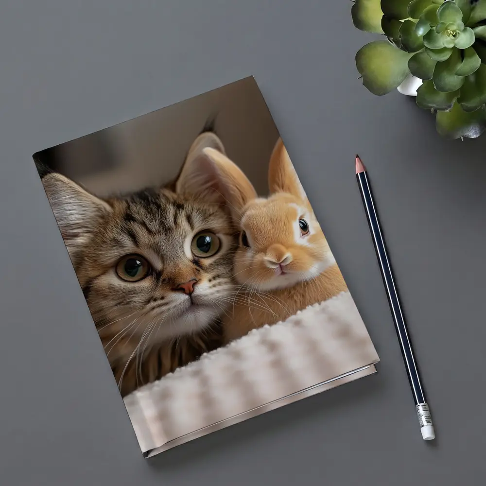 Tabby Cat And Rabbit On White Blanket – Notebooks