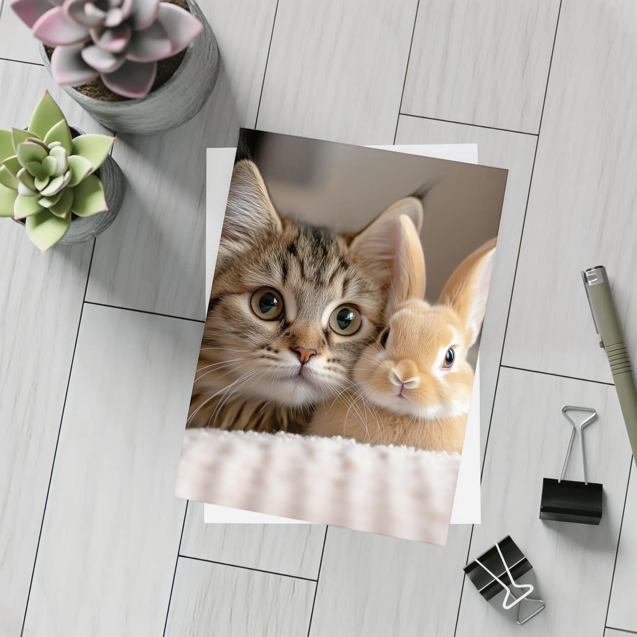 Tabby Cat And Rabbit On White Blanket – Postcards