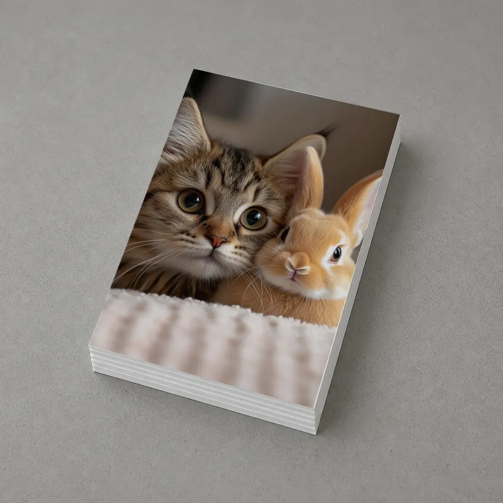Tabby Cat And Rabbit On White Blanket – Postcards