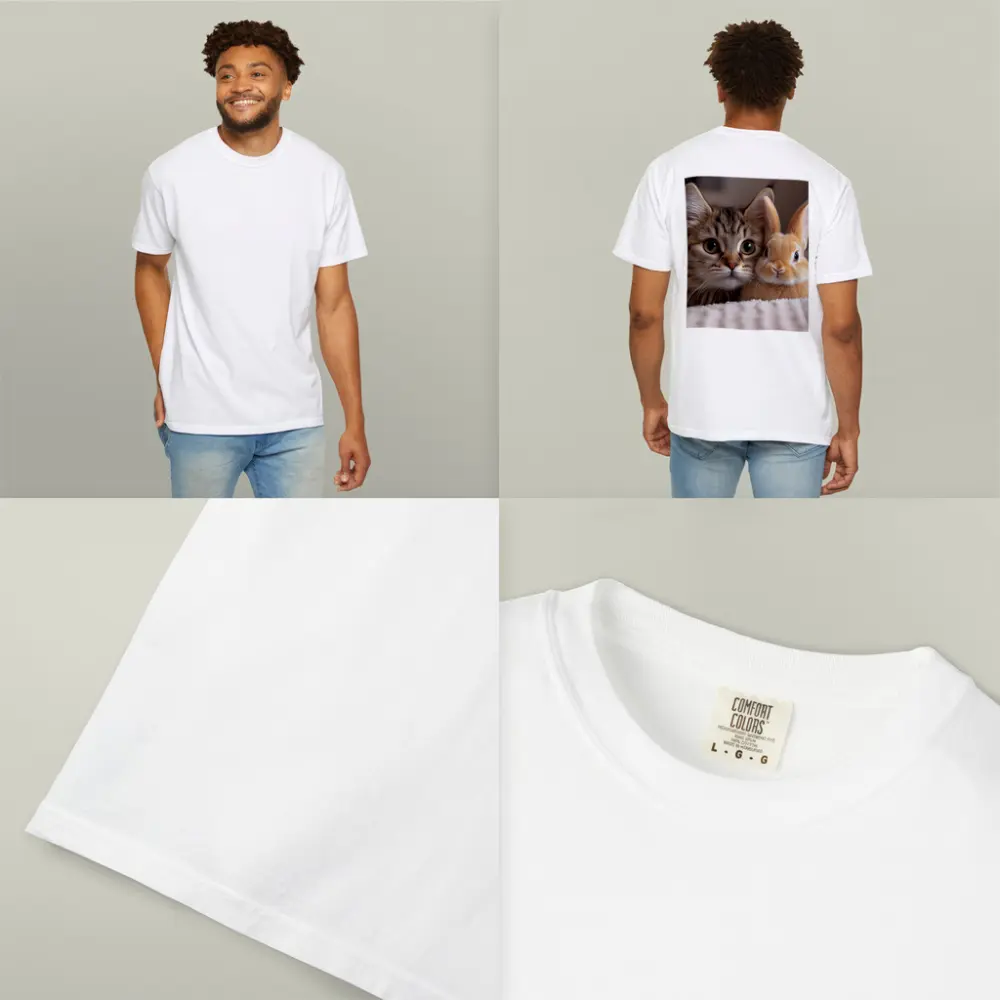 Tabby Cat And Rabbit On White Blanket – T-Shirts