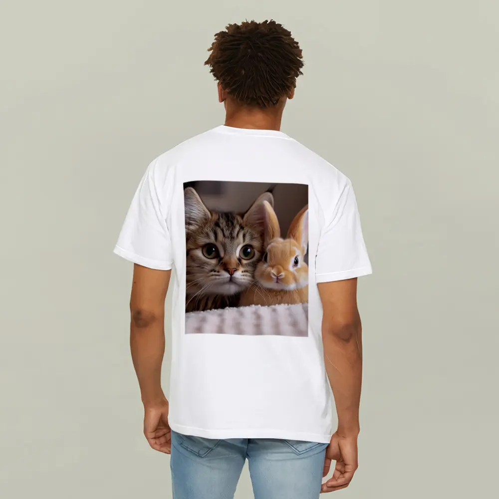 Tabby Cat And Rabbit On White Blanket – T-Shirts