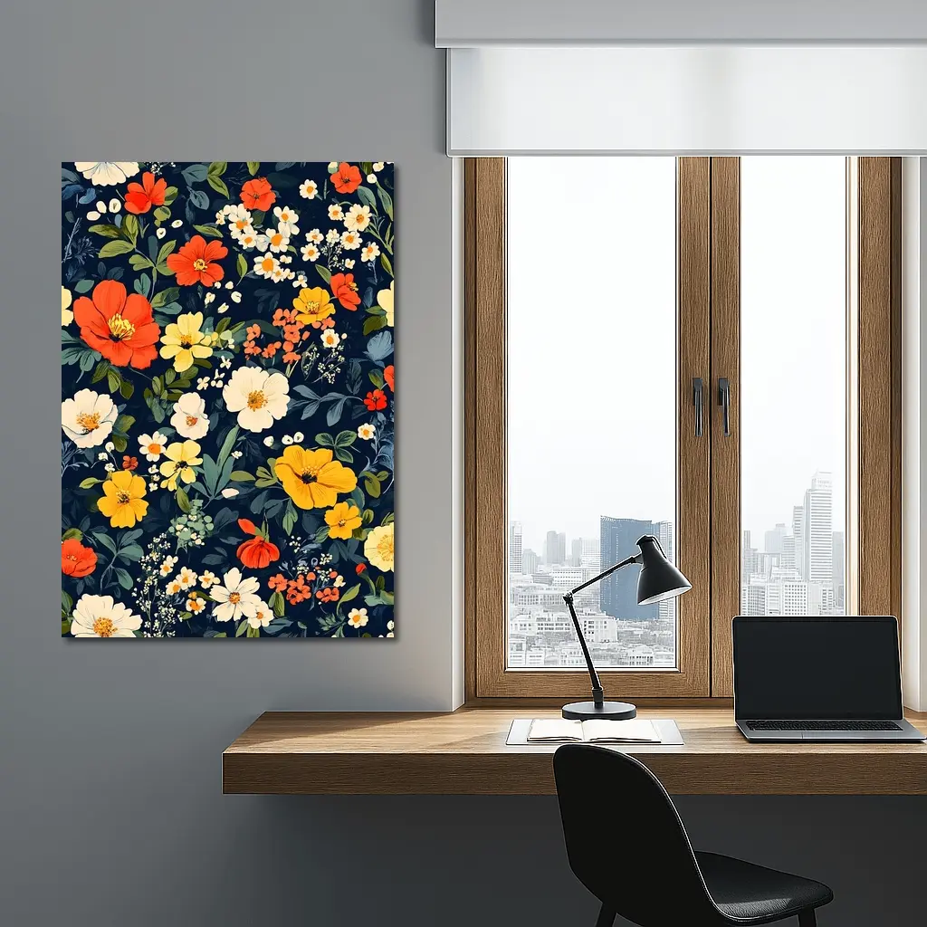 Bold Floral Pattern on Dark Navy Background – Wall Art