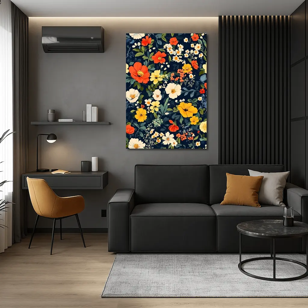 Bold Floral Pattern on Dark Navy Background – Wall Art