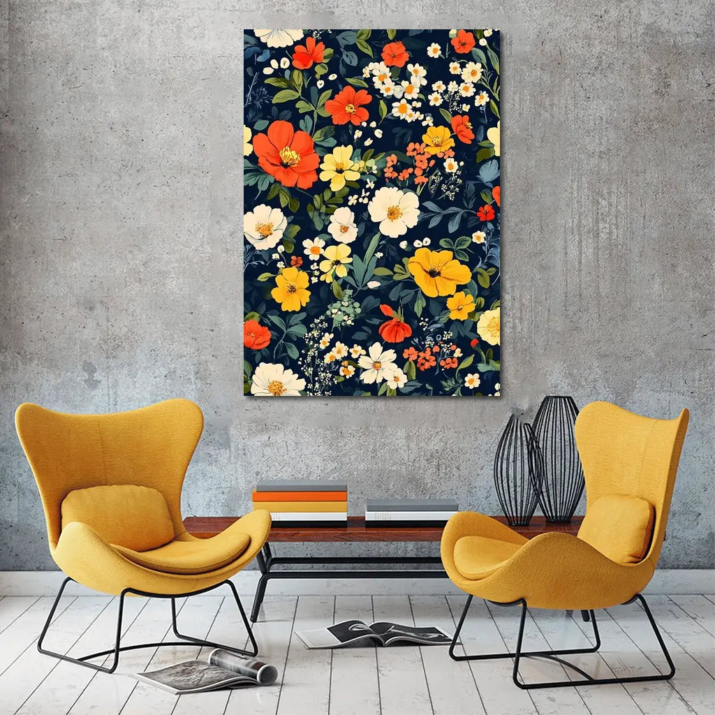 Bold Floral Pattern on Dark Navy Background – Wall Art