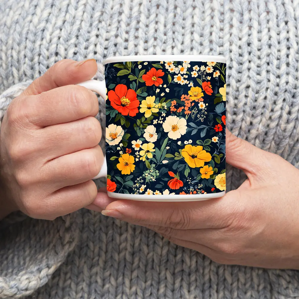 Bold Floral Pattern on Dark Navy Background – Mugs