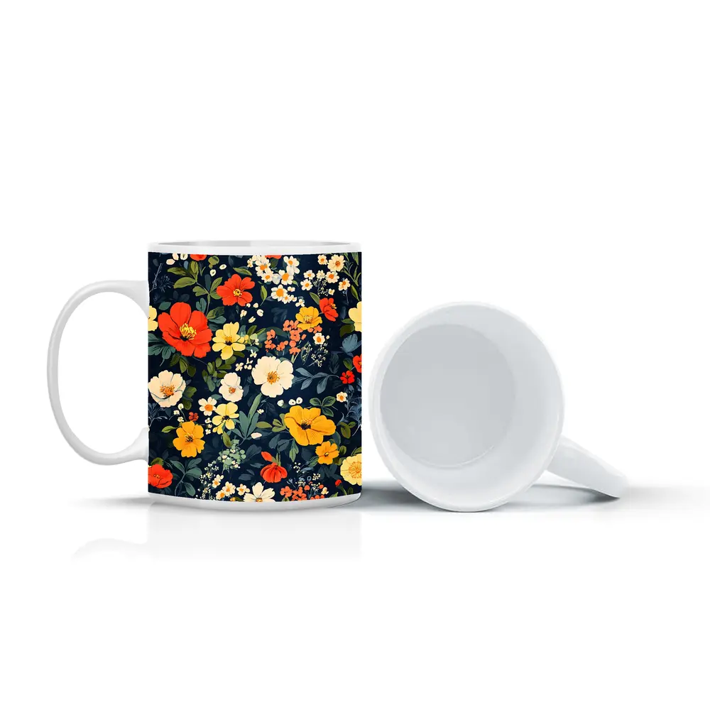 Bold Floral Pattern on Dark Navy Background – Mugs
