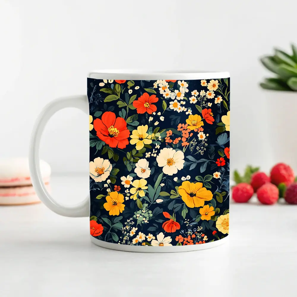 Bold Floral Pattern on Dark Navy Background – Mugs