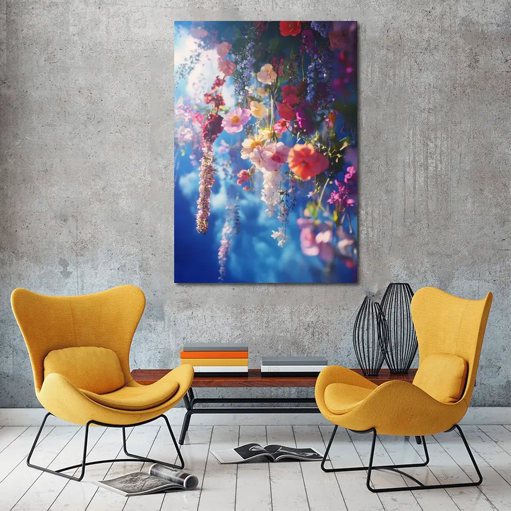 Hanging Mixed Flowers Blue Sky Background – Wall Art