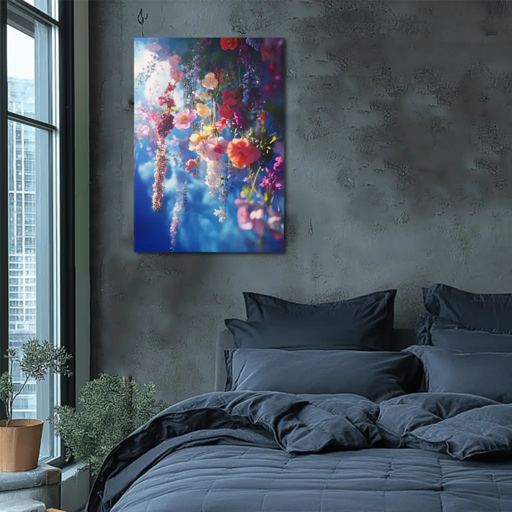 Hanging Mixed Flowers Blue Sky Background – Wall Art