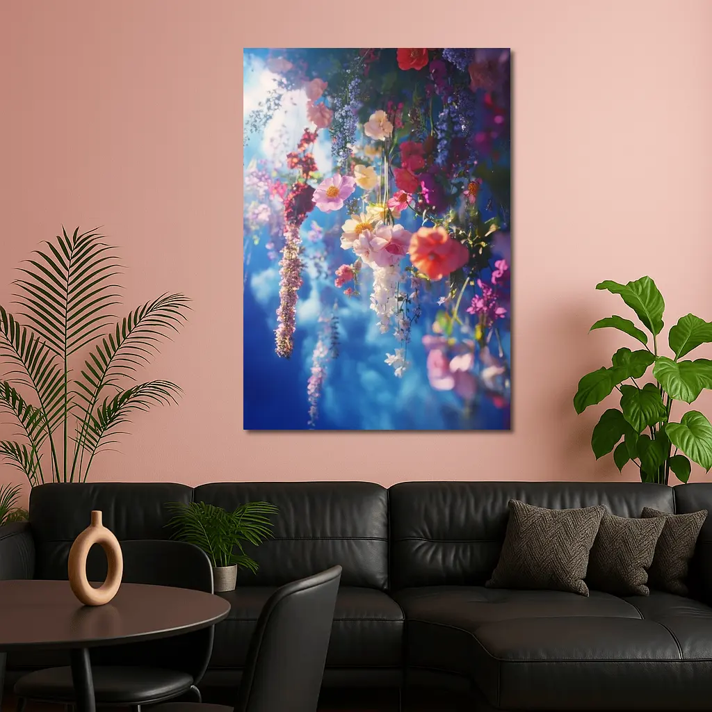 Hanging Mixed Flowers Blue Sky Background – Wall Art