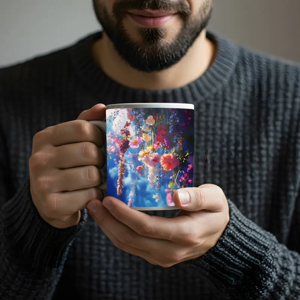 Hanging Mixed Flowers Blue Sky Background – Mugs