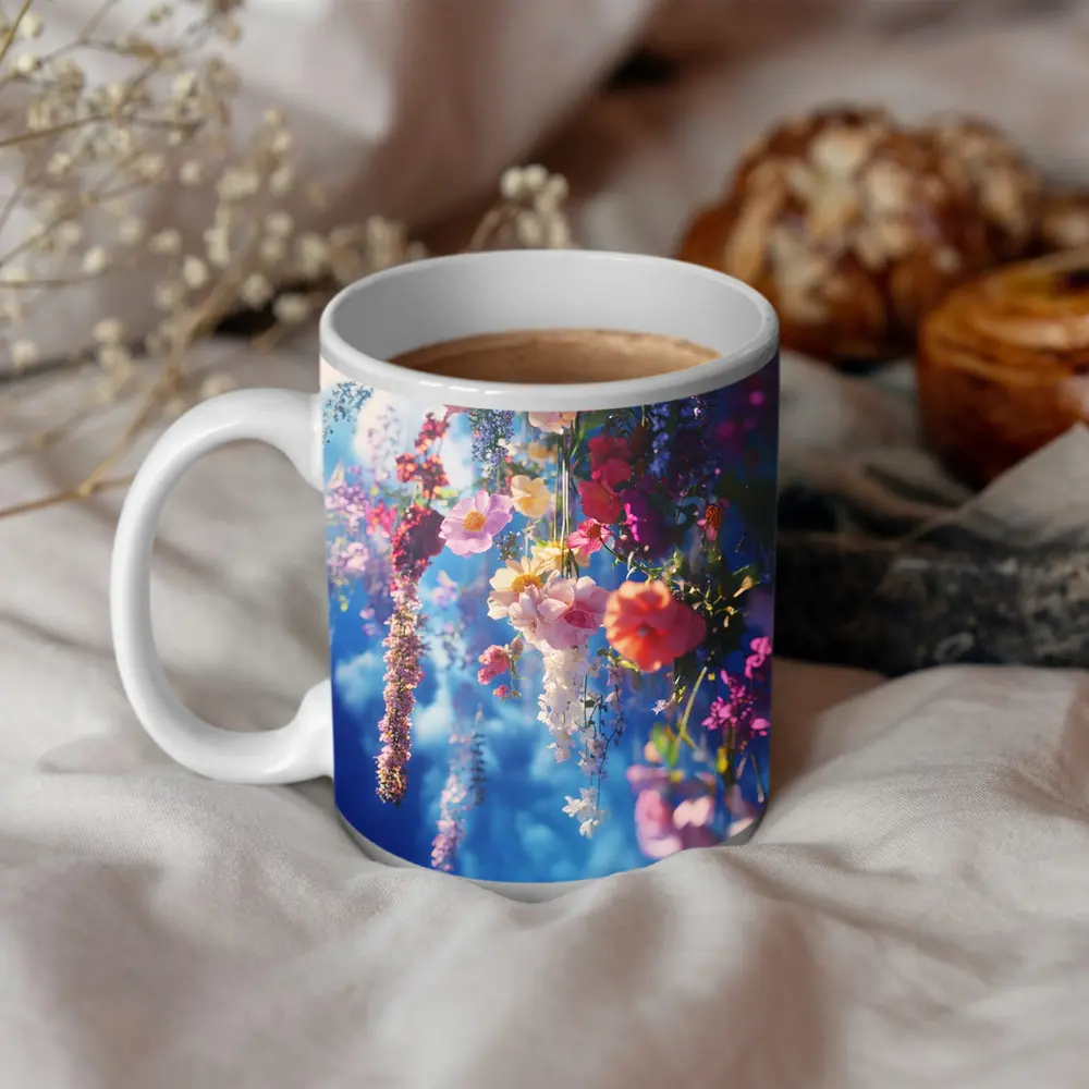Hanging Mixed Flowers Blue Sky Background – Mugs