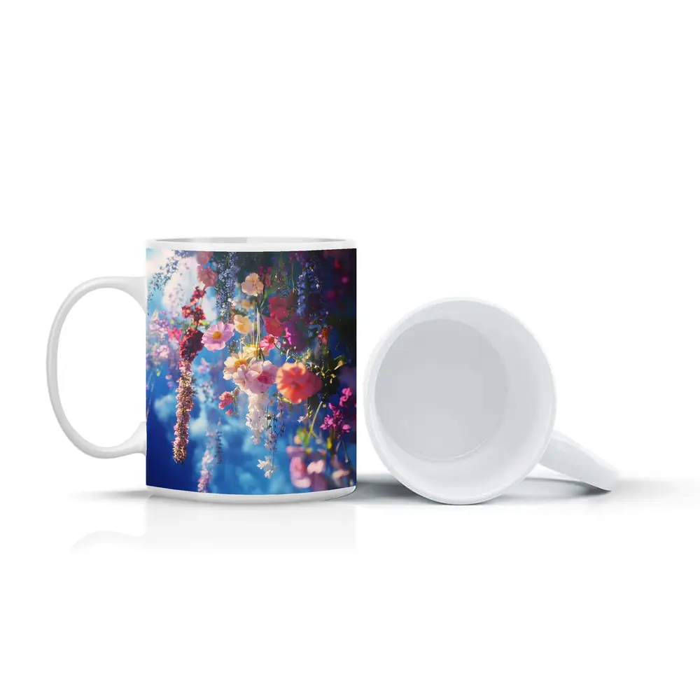 Hanging Mixed Flowers Blue Sky Background – Mugs
