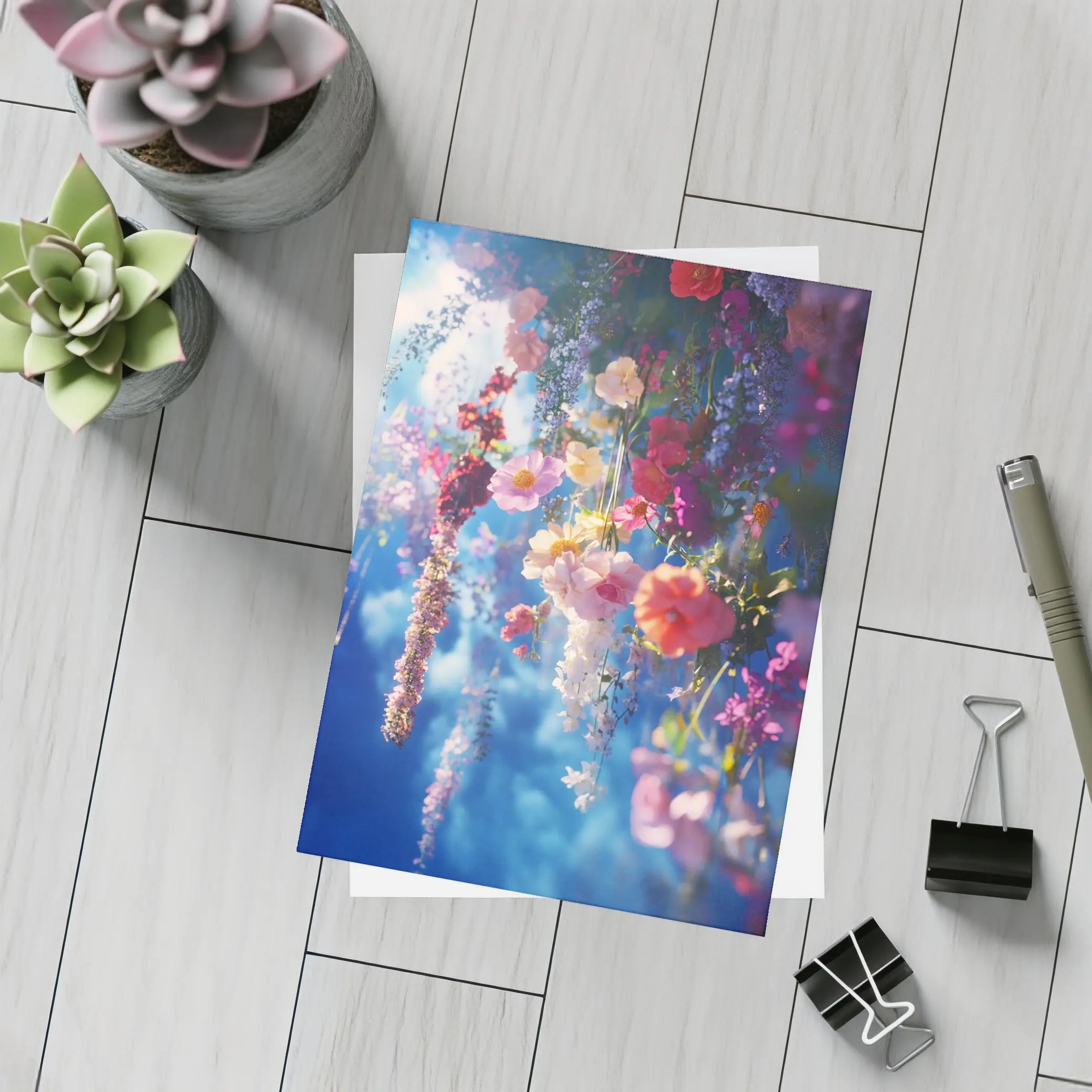Hanging Mixed Flowers Blue Sky Background – Postcards