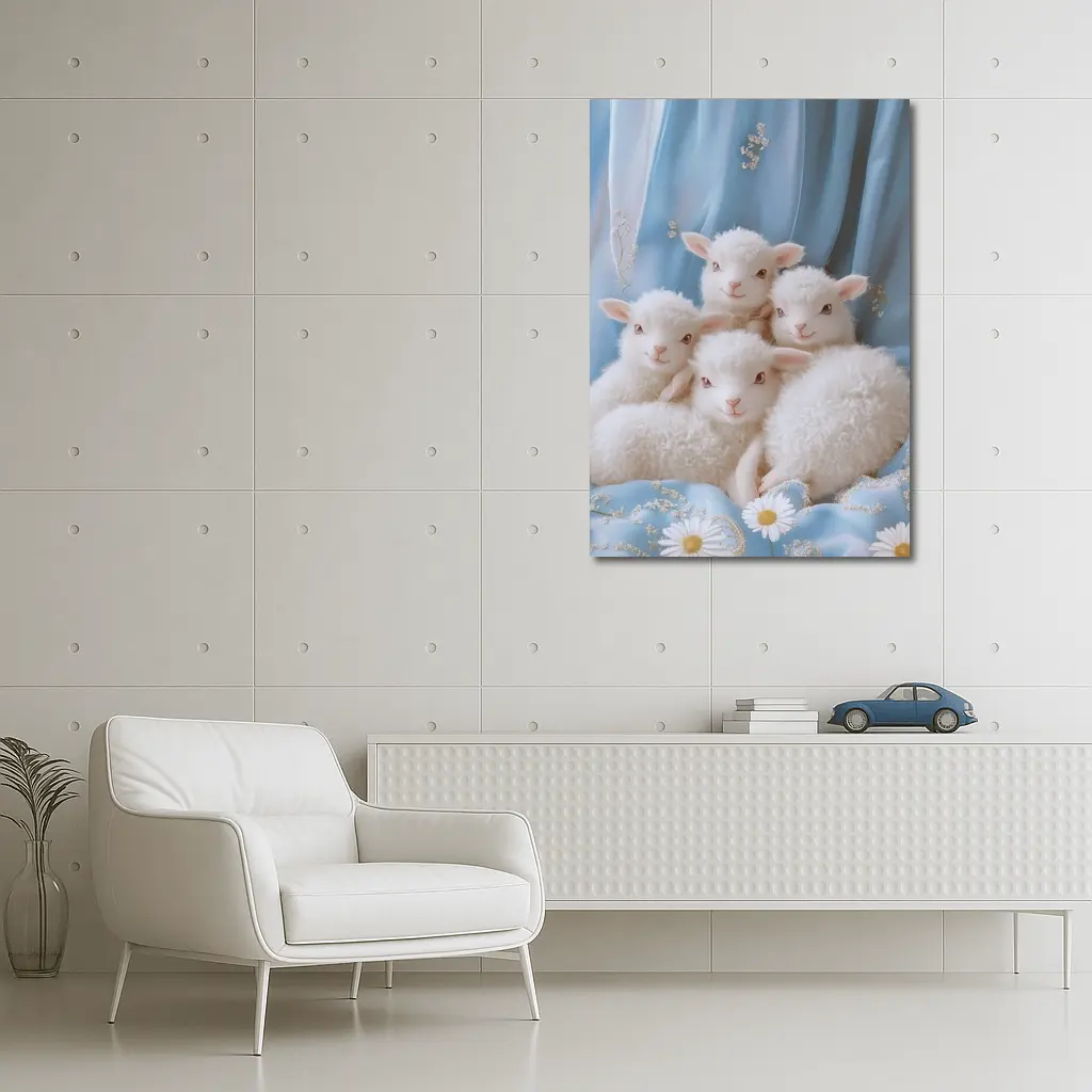 Fluffy White Lambs Blue Floral Background – Wall Art