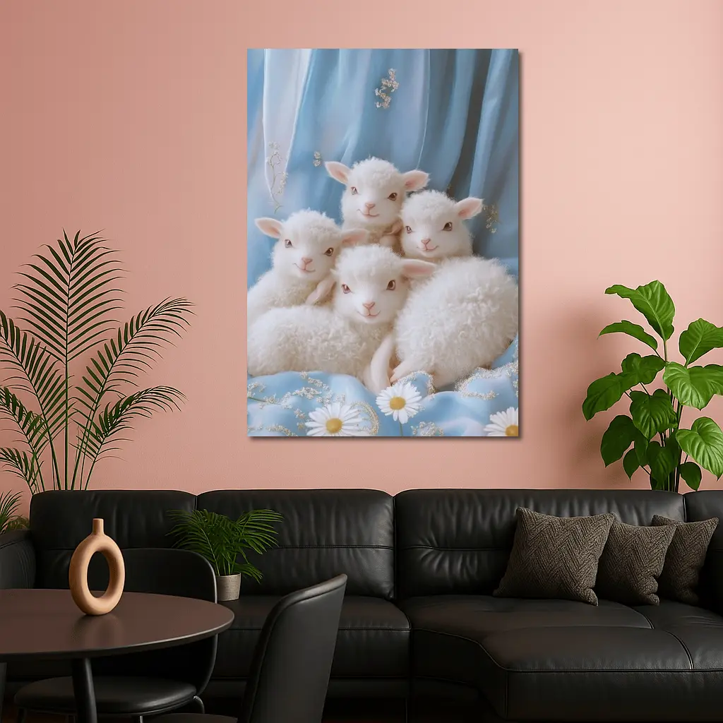 Fluffy White Lambs Blue Floral Background – Wall Art
