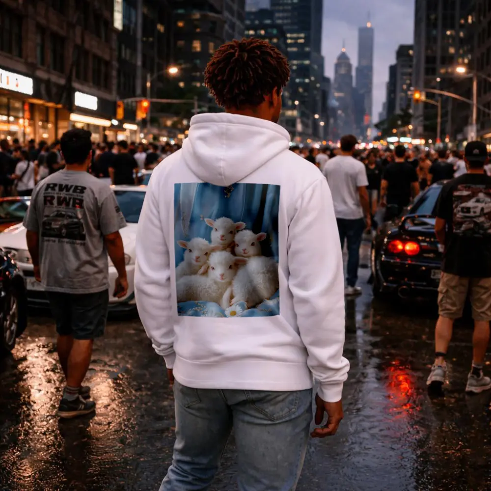 Fluffy White Lambs Blue Floral Background – Hoodies