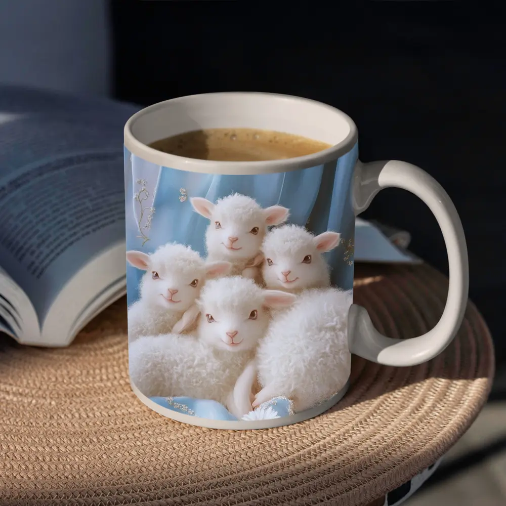 Fluffy White Lambs Blue Floral Background – Mugs