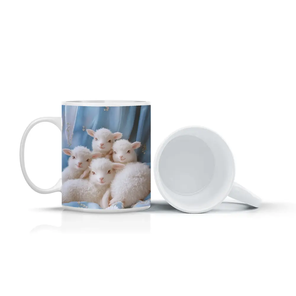 Fluffy White Lambs Blue Floral Background – Mugs