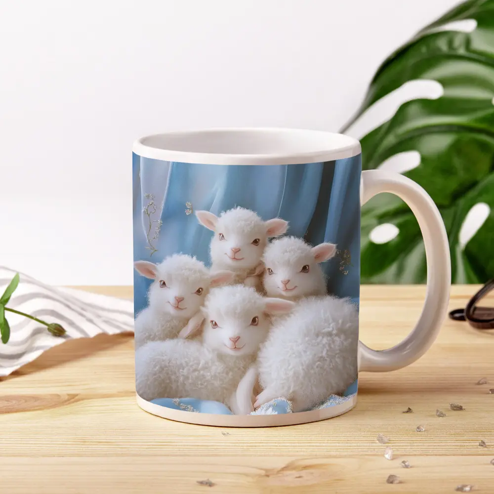 Fluffy White Lambs Blue Floral Background – Mugs