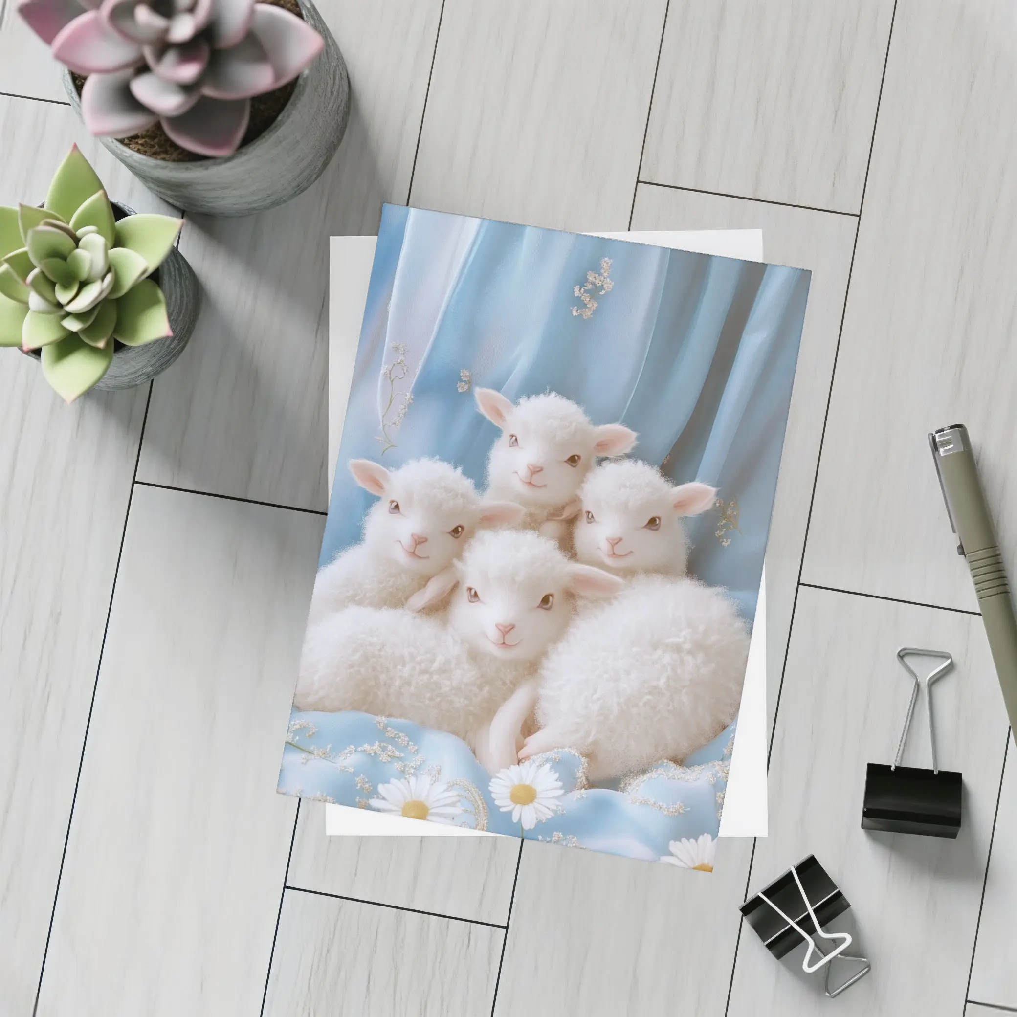 Fluffy White Lambs Blue Floral Background – Postcards