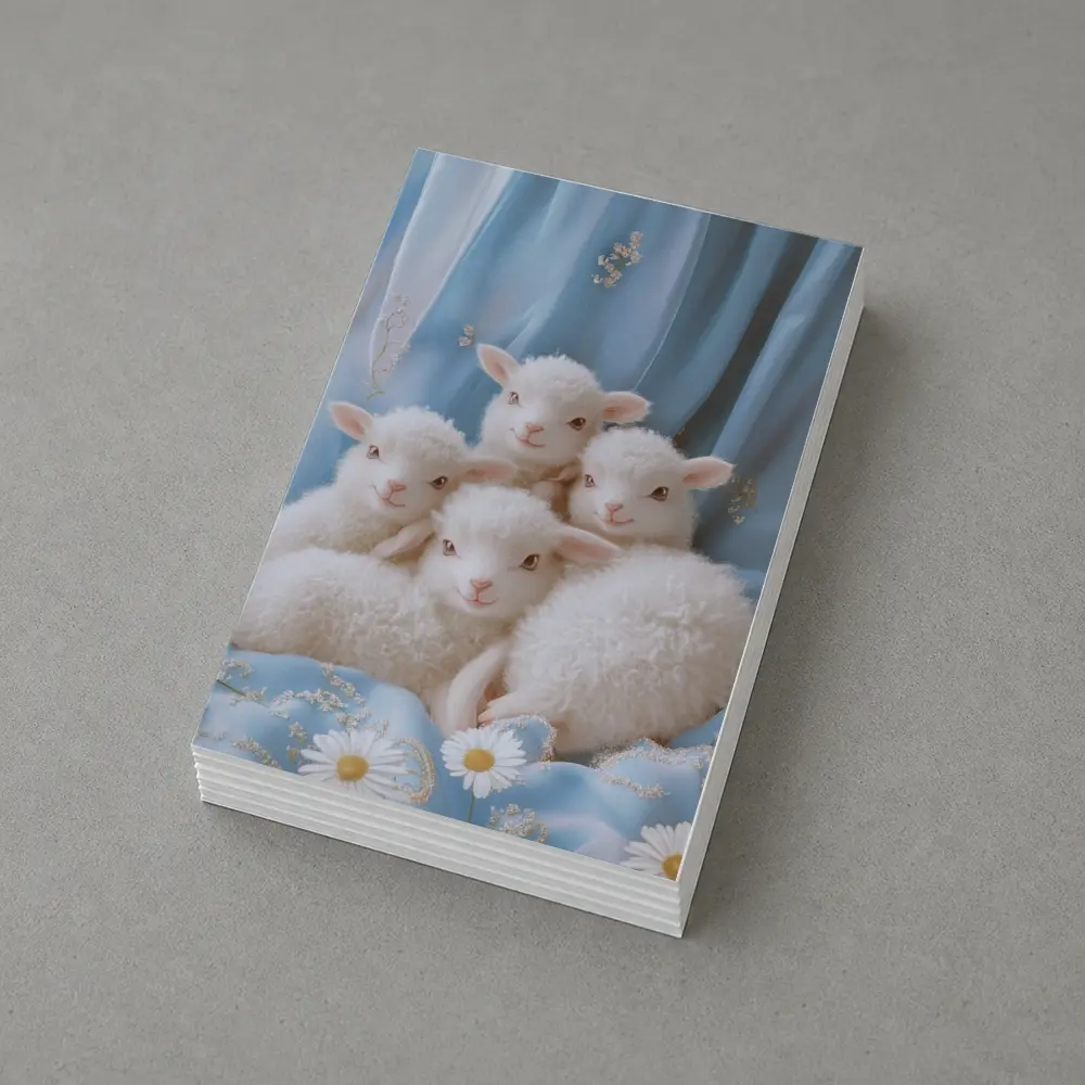 Fluffy White Lambs Blue Floral Background – Postcards