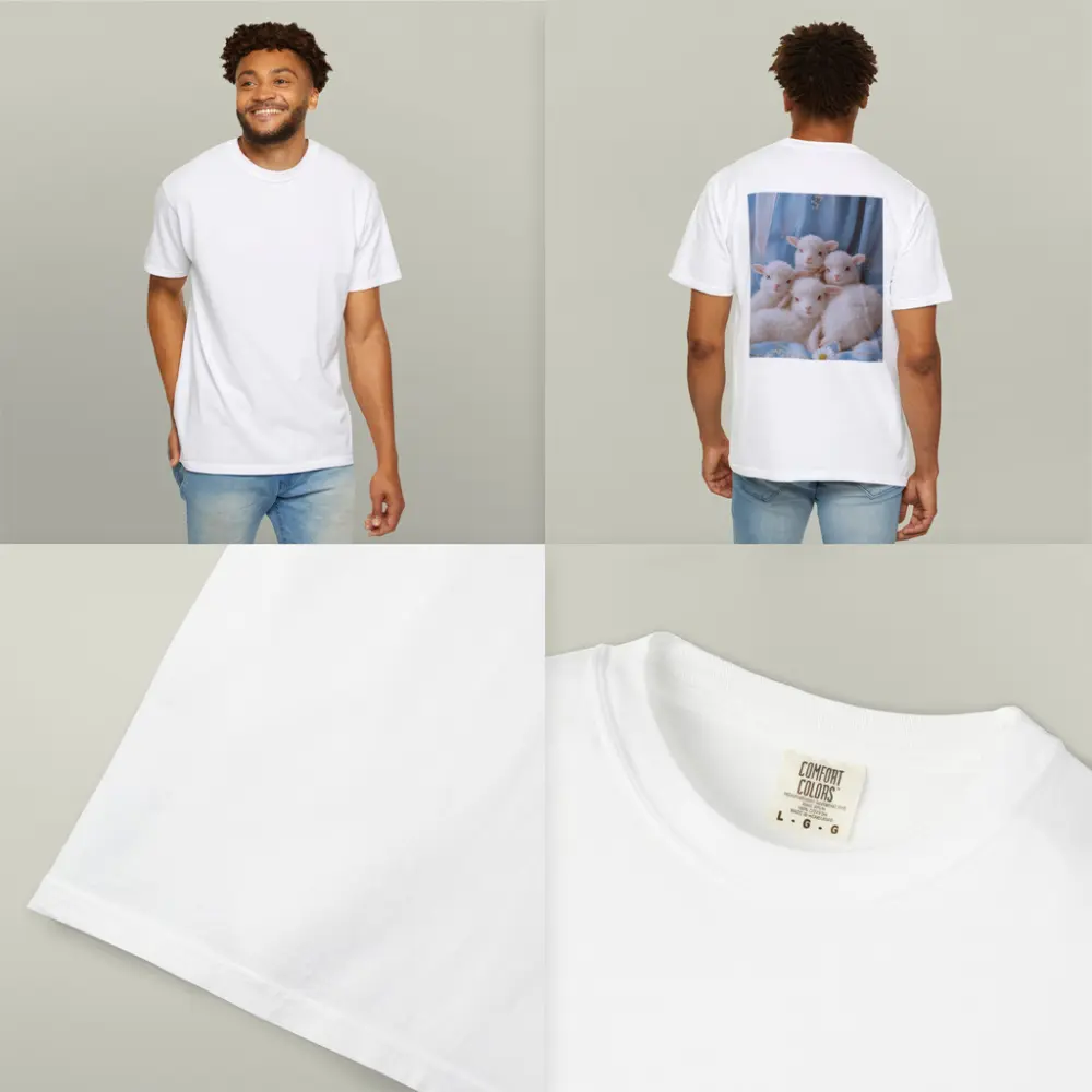 Fluffy White Lambs Blue Floral Background – T-Shirts