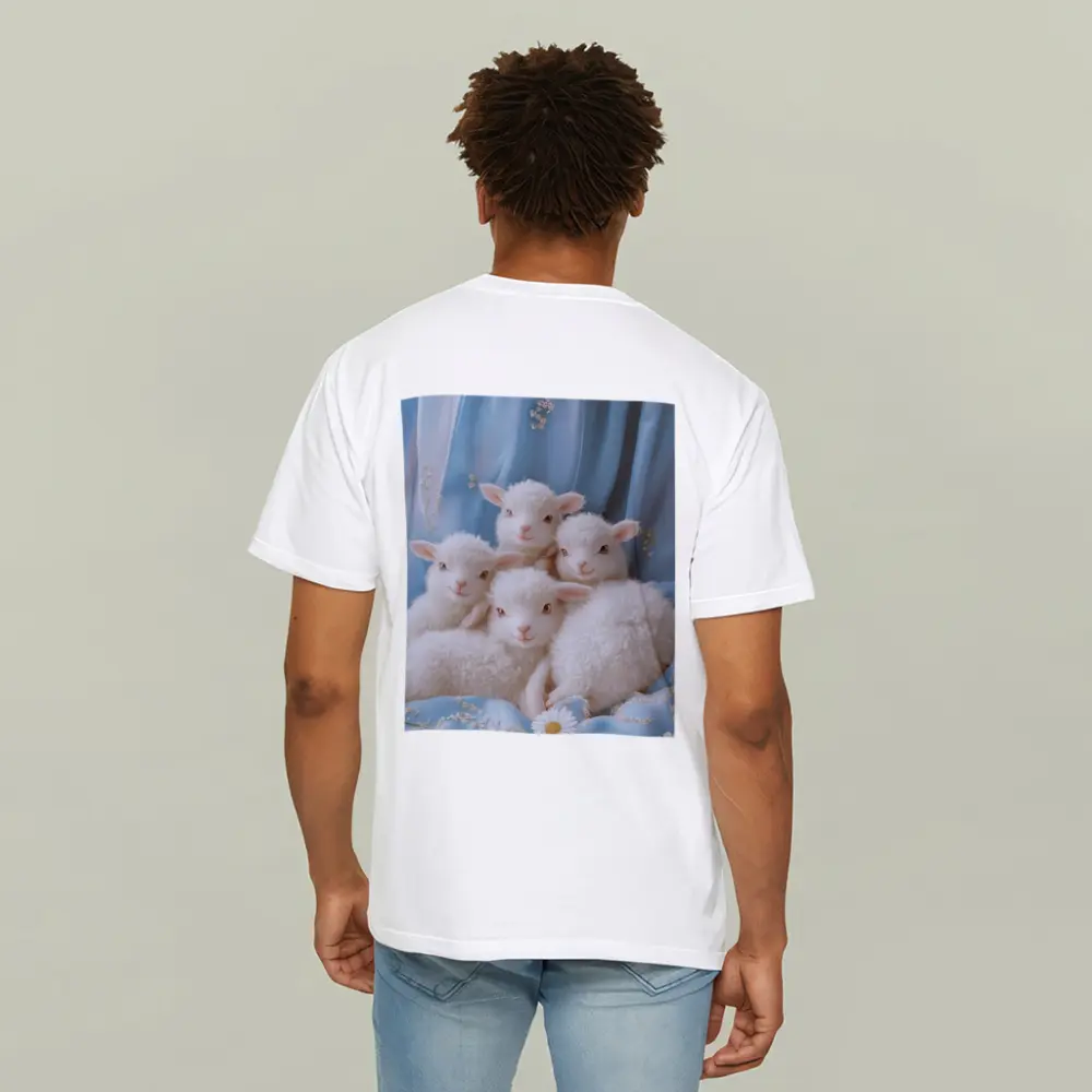 Fluffy White Lambs Blue Floral Background – T-Shirts