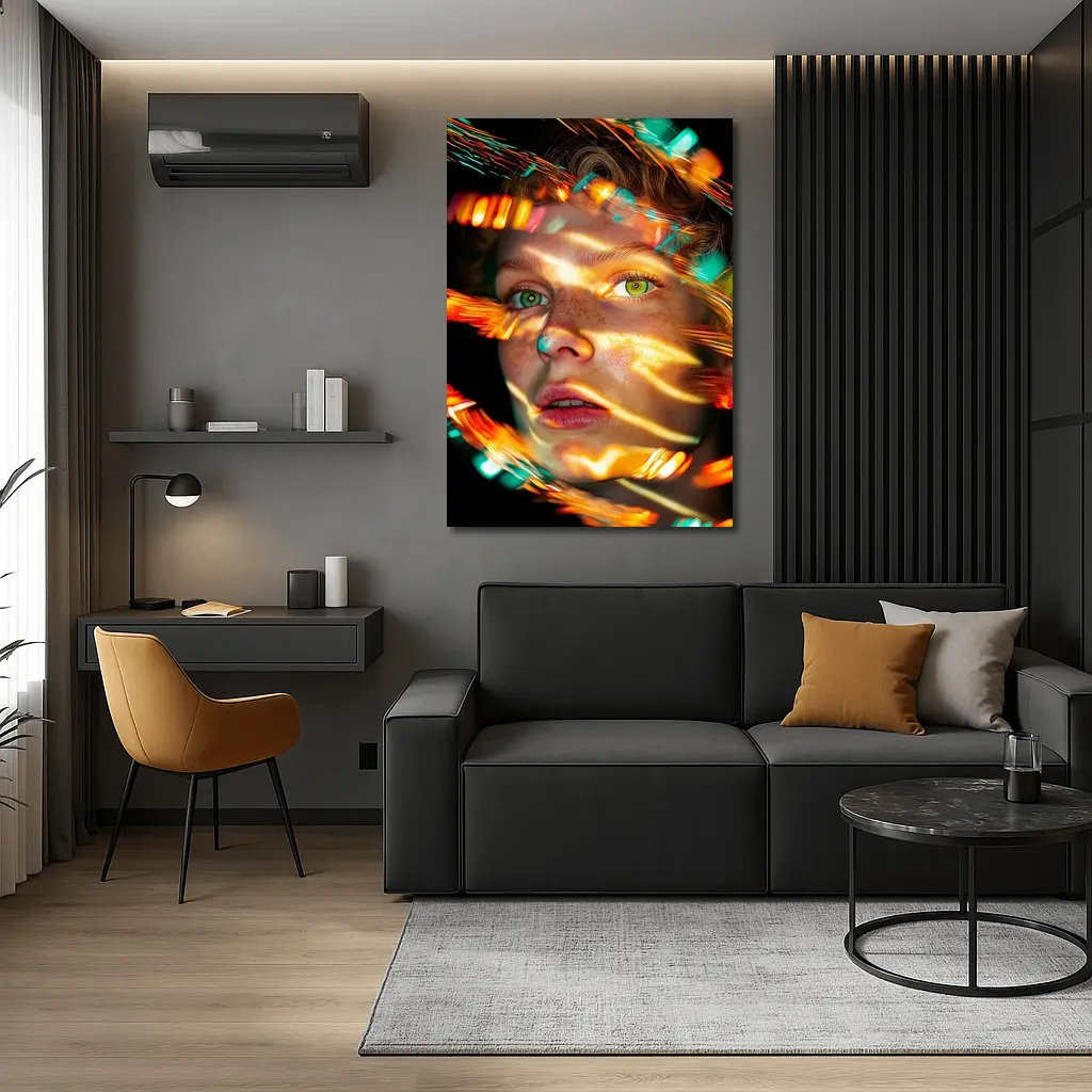Woman Face Neon Light Trails Portrait – Wall Art