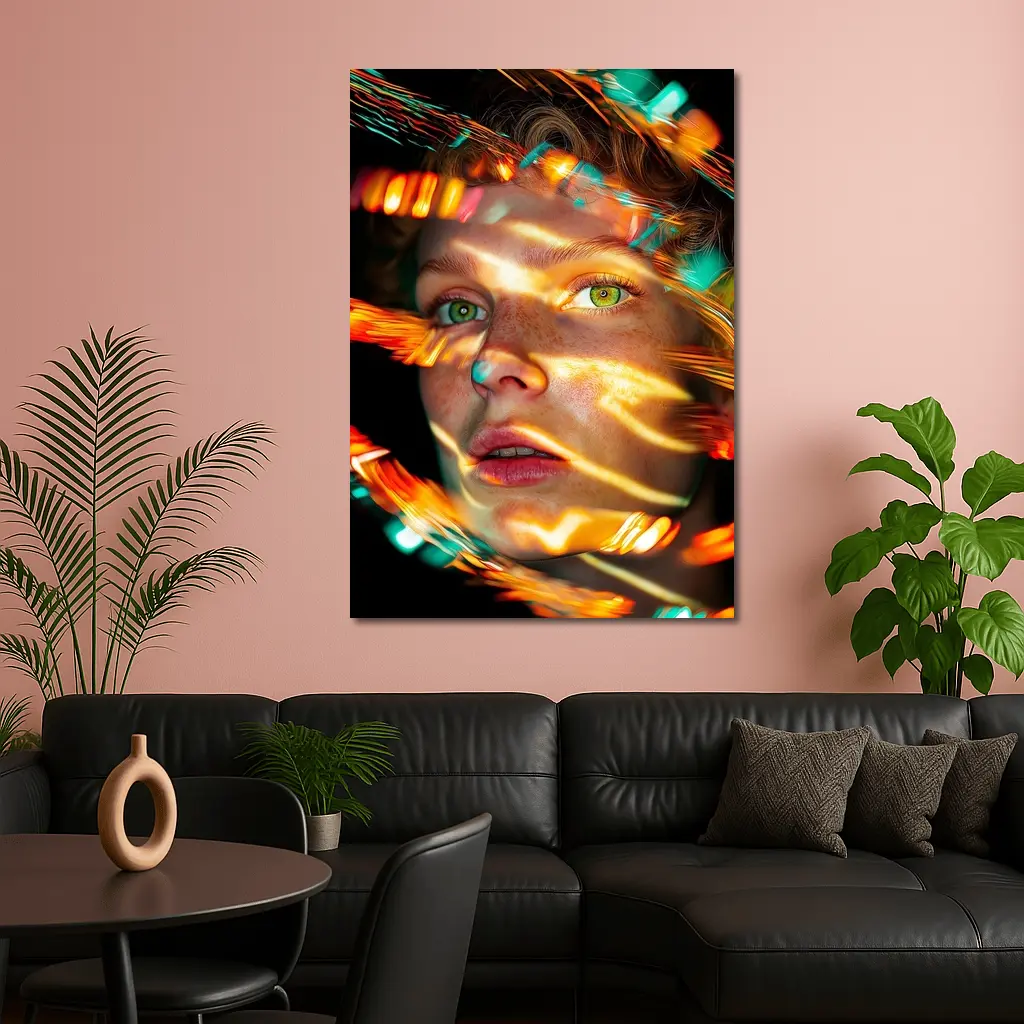 Woman Face Neon Light Trails Portrait – Wall Art