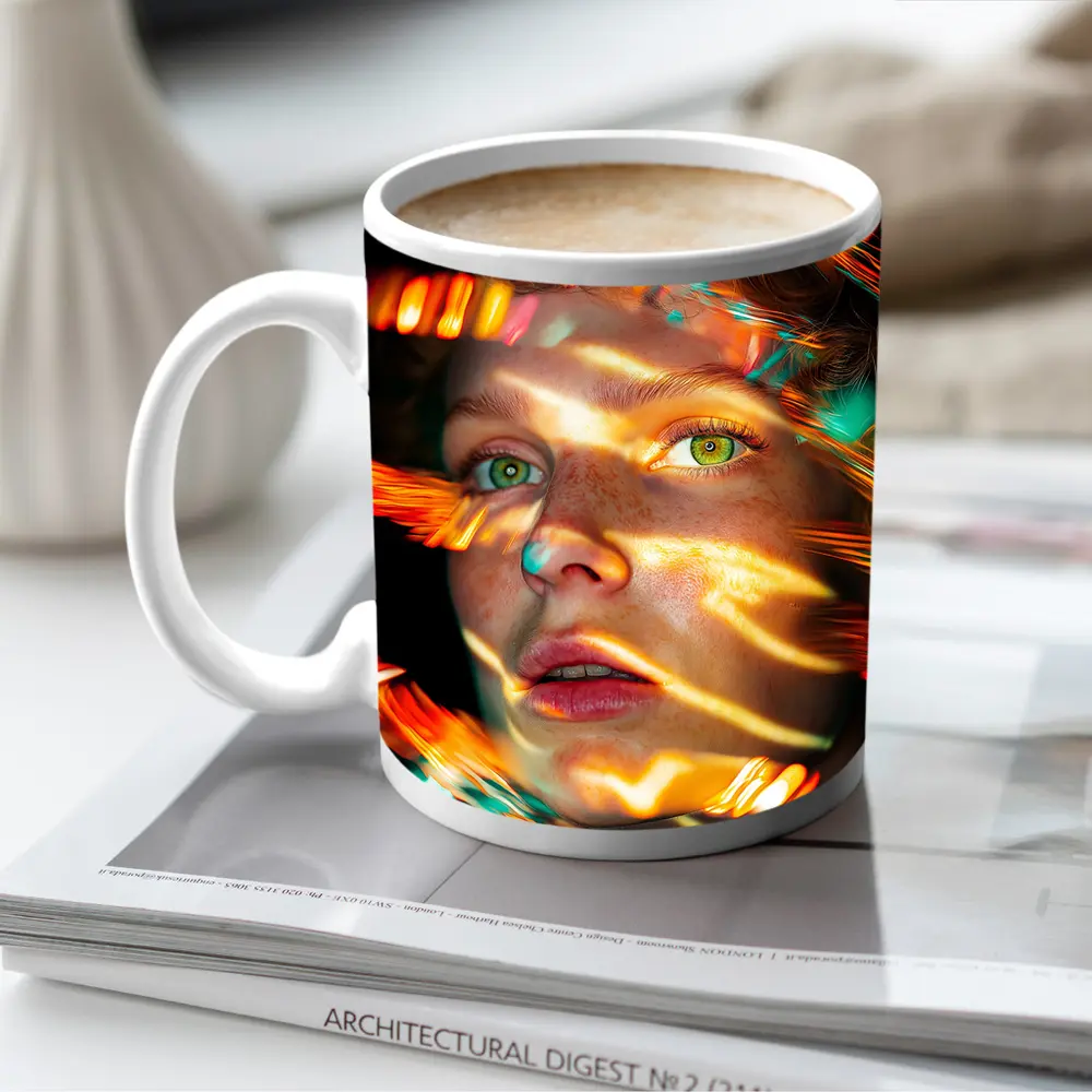 Woman Face Neon Light Trails Portrait – Mugs