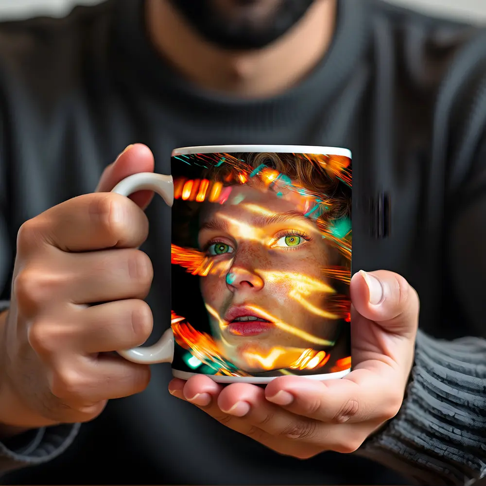 Woman Face Neon Light Trails Portrait – Mugs