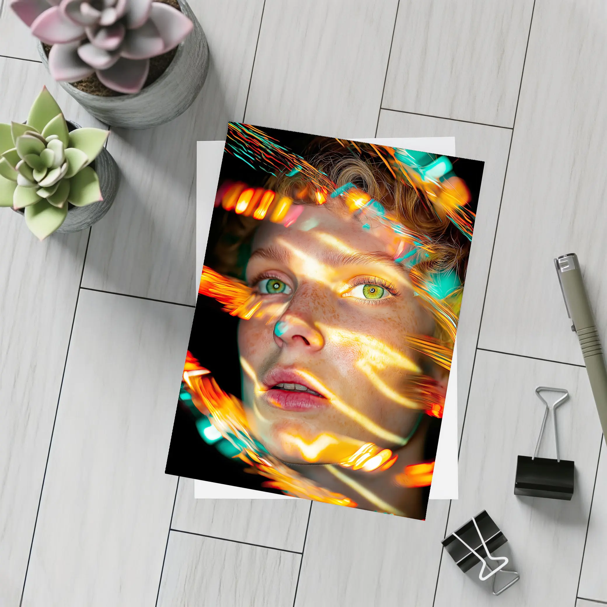 Woman Face Neon Light Trails Portrait – Postcards