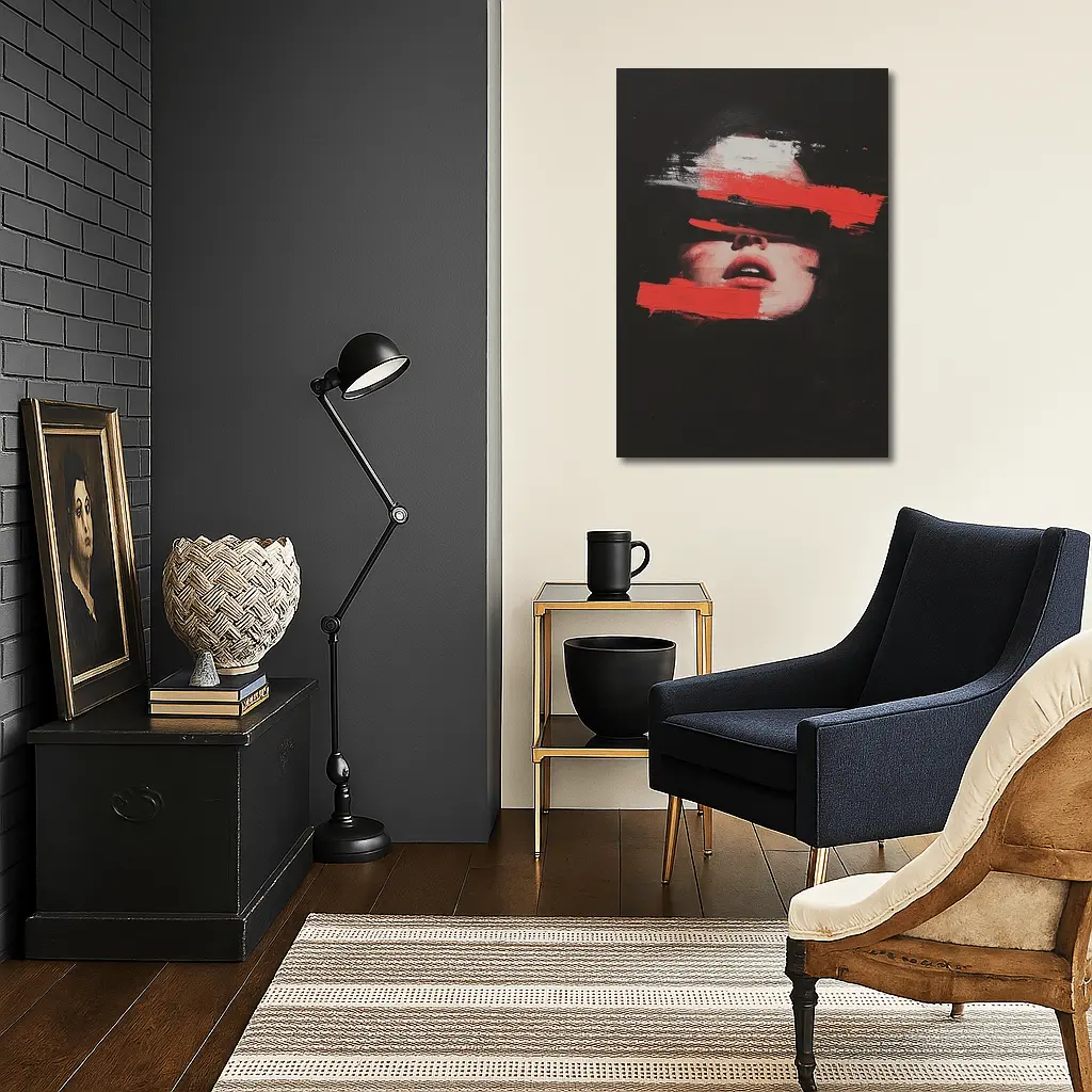 Woman Face Red Brush Strokes Black Background – Wall Art
