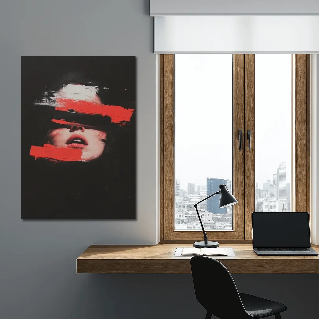 Woman Face Red Brush Strokes Black Background – Wall Art