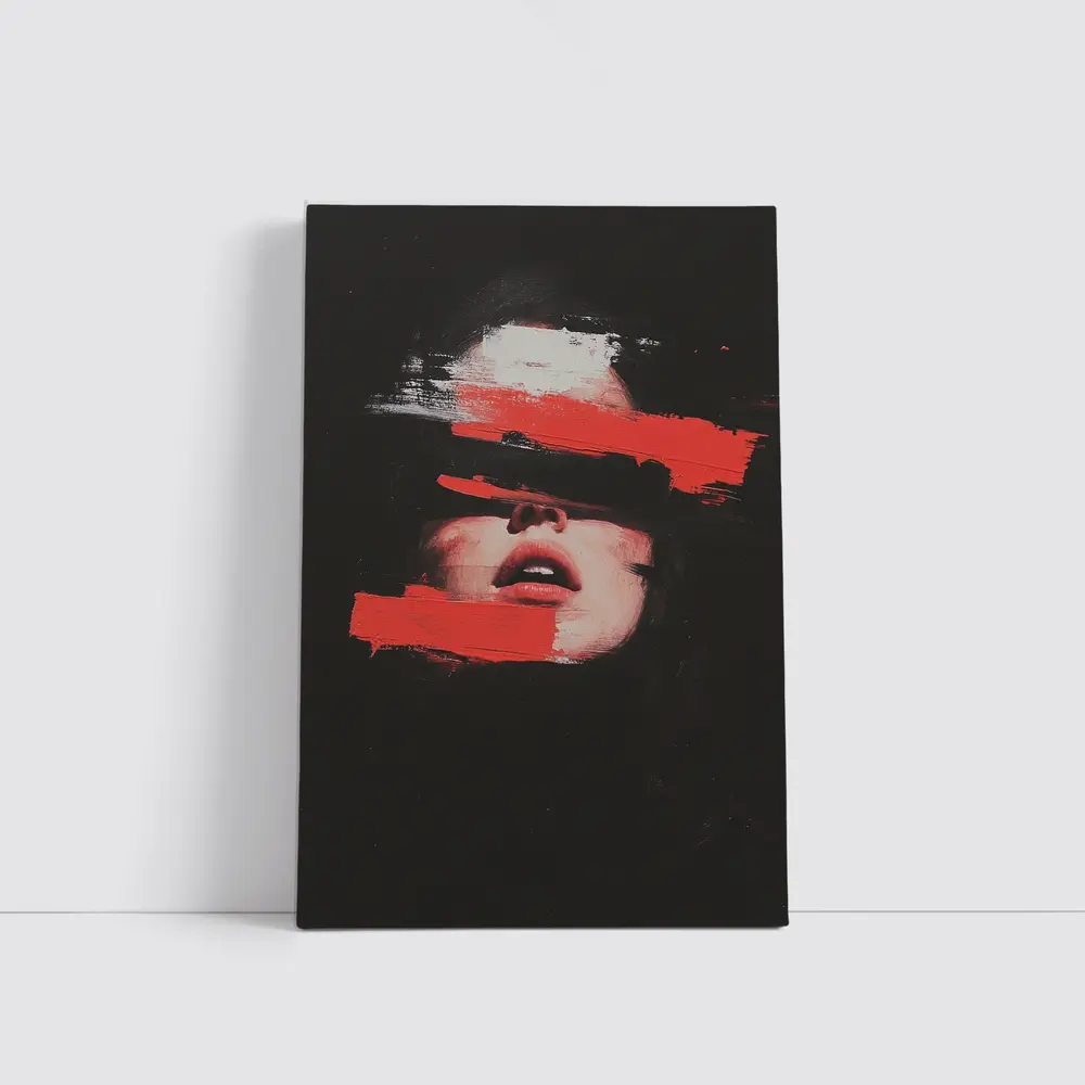 Woman Face Red Brush Strokes Black Background – Wall Art