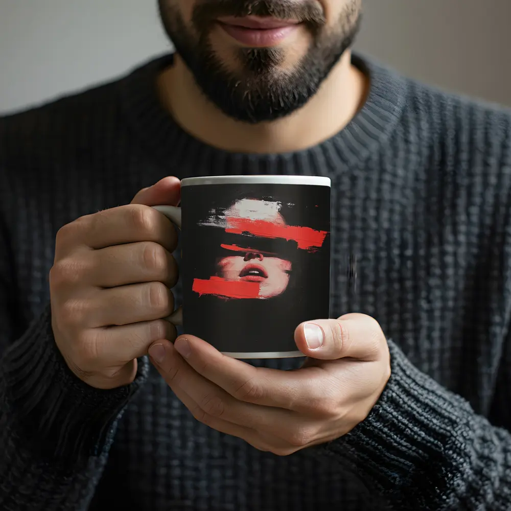 Woman Face Red Brush Strokes Black Background – Mugs