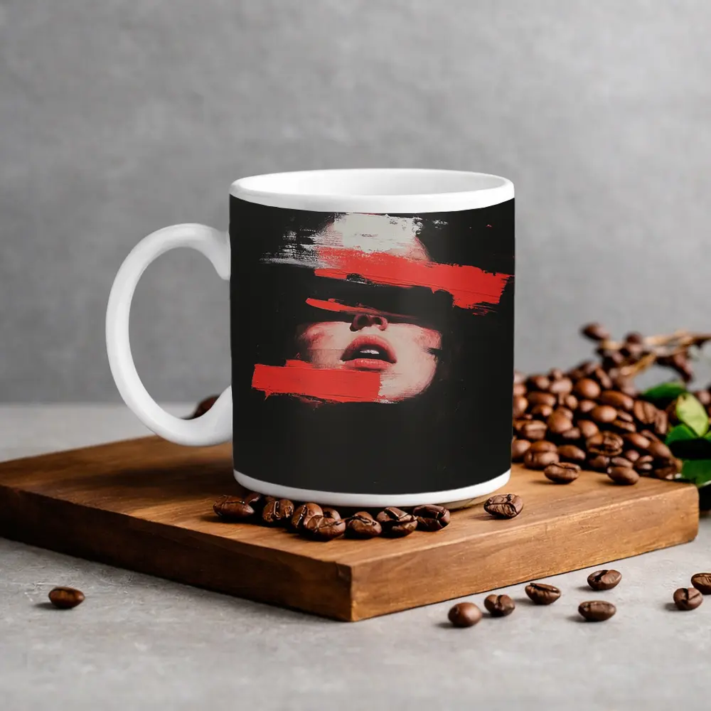 Woman Face Red Brush Strokes Black Background – Mugs