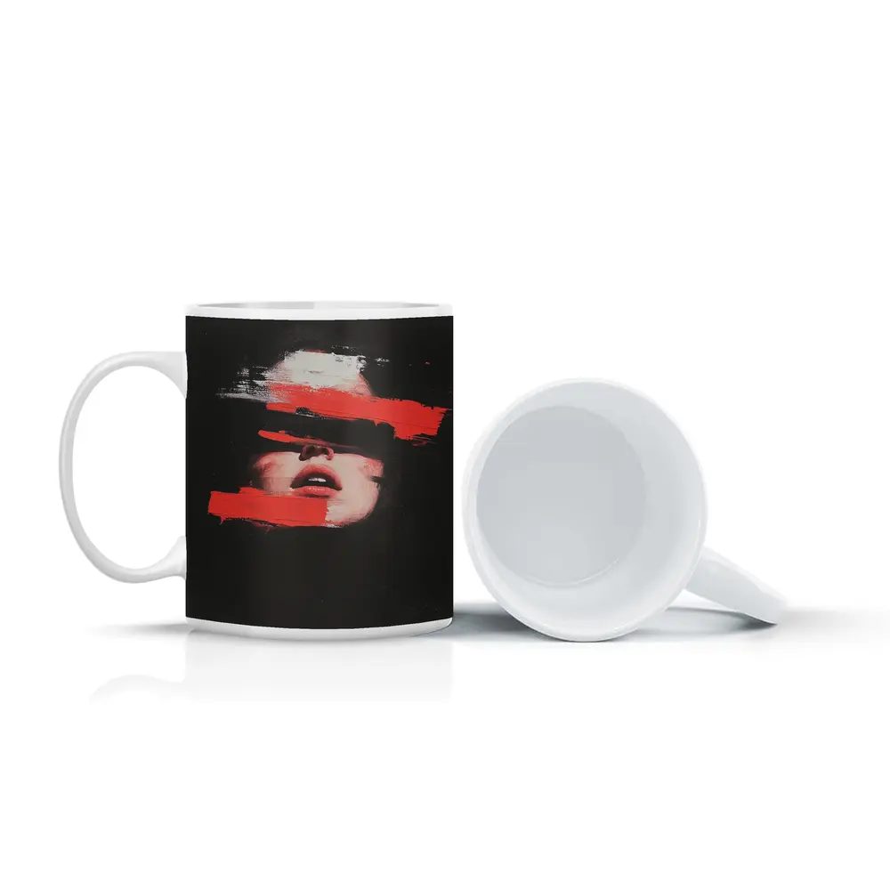 Woman Face Red Brush Strokes Black Background – Mugs
