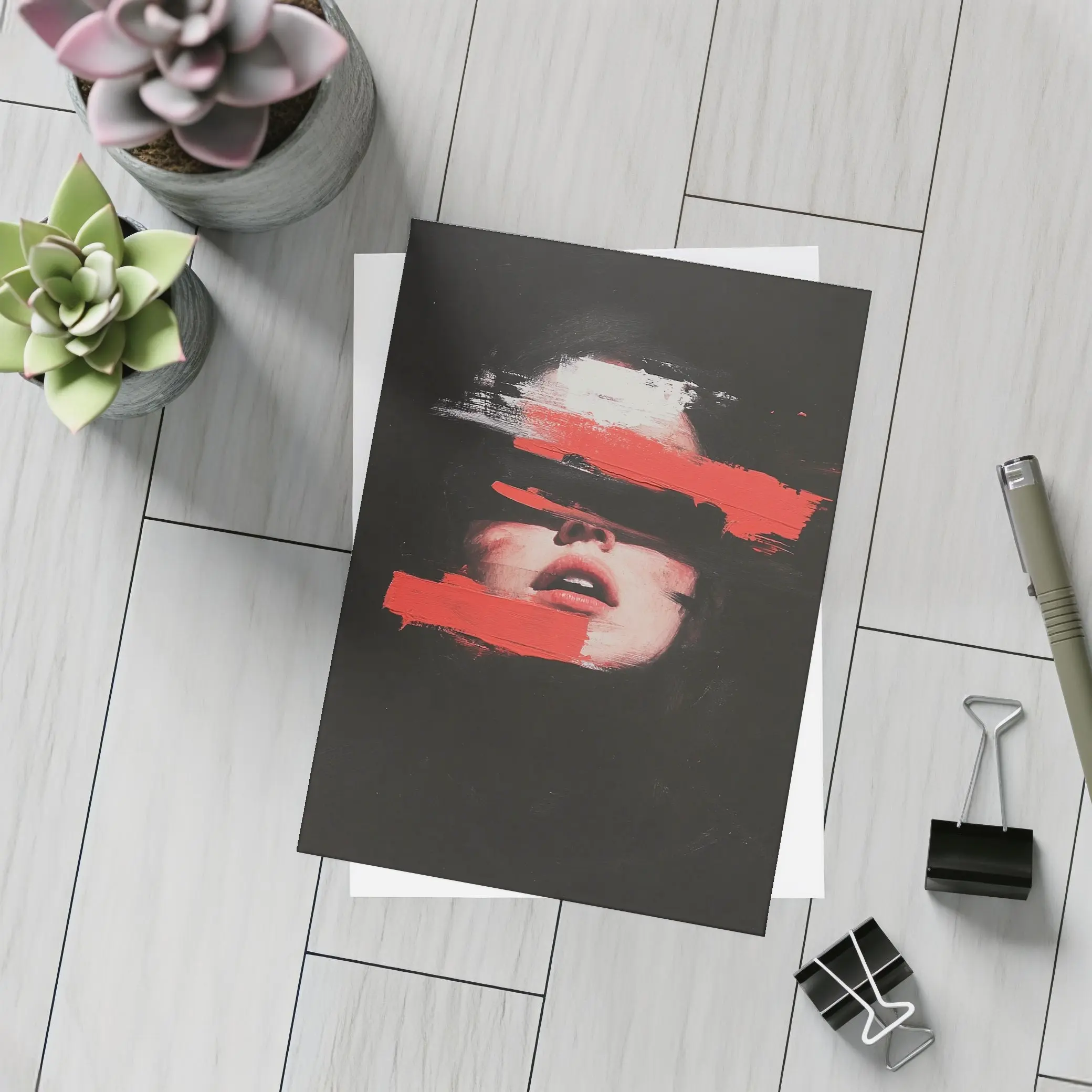 Woman Face Red Brush Strokes Black Background – Postcards