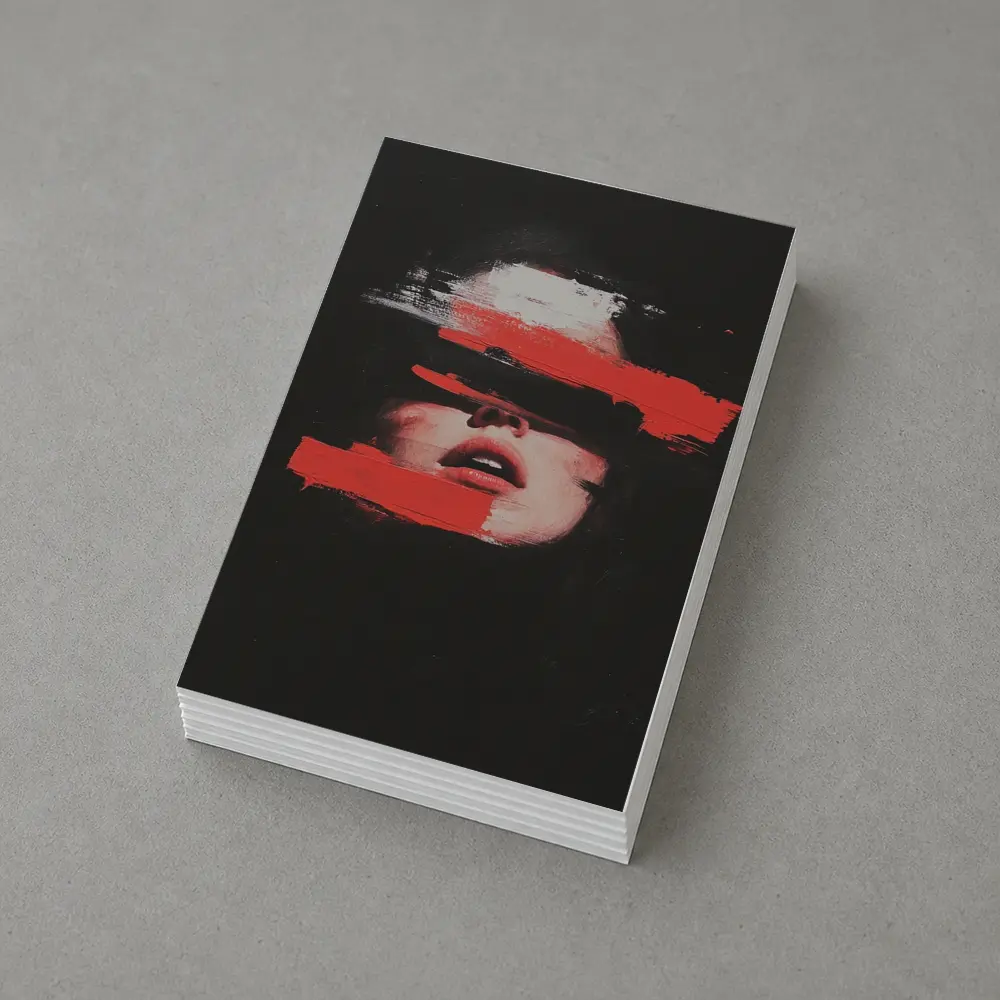 Woman Face Red Brush Strokes Black Background – Postcards