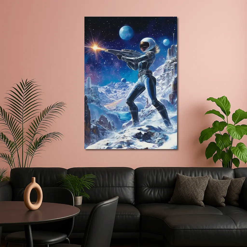 Sci Fi Woman Warrior Shooting On Alien Planet – Wall Art