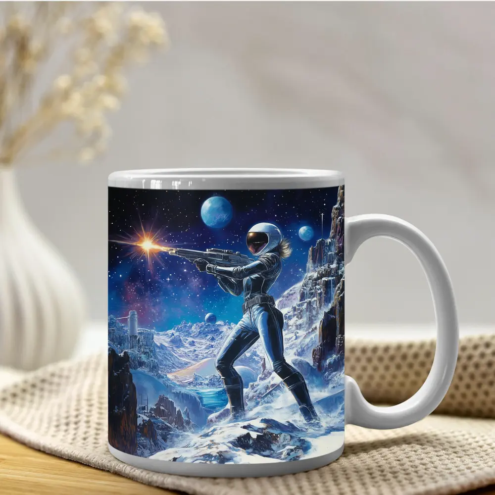 Sci Fi Woman Warrior Shooting On Alien Planet – Mugs