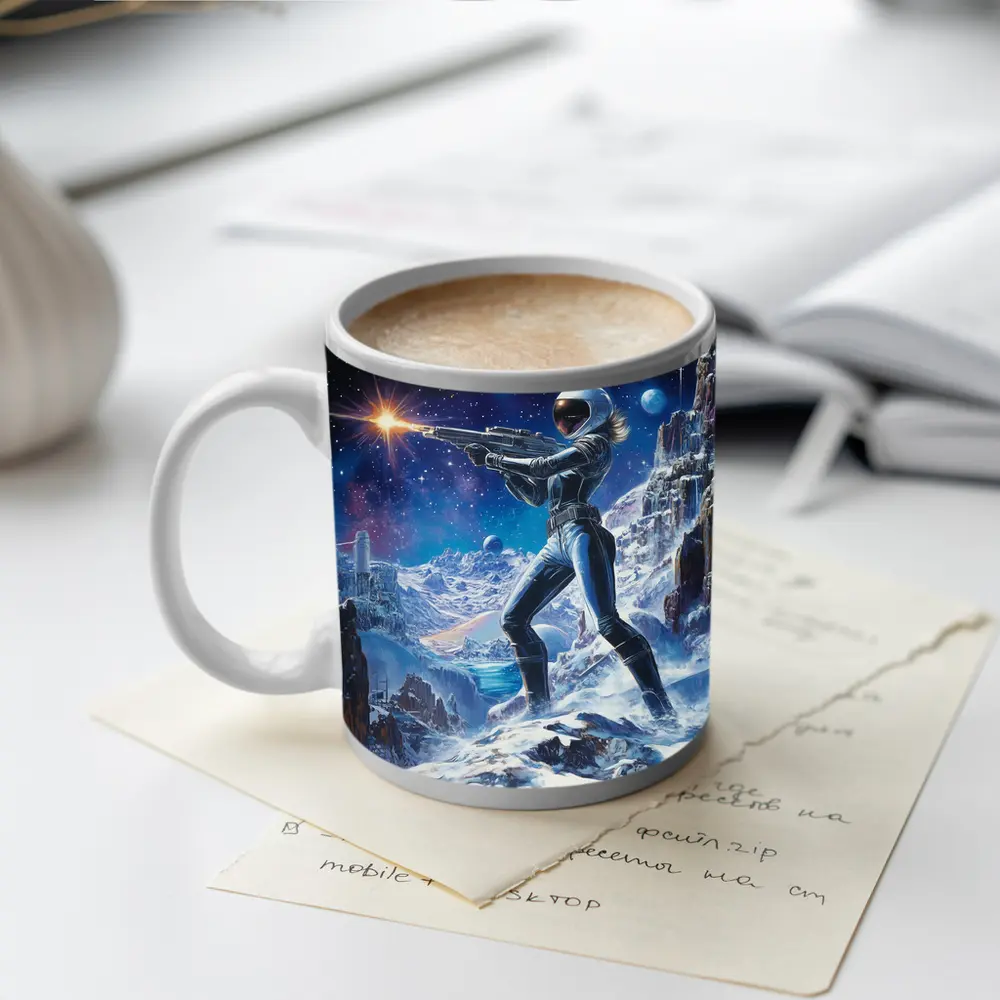 Sci Fi Woman Warrior Shooting On Alien Planet – Mugs