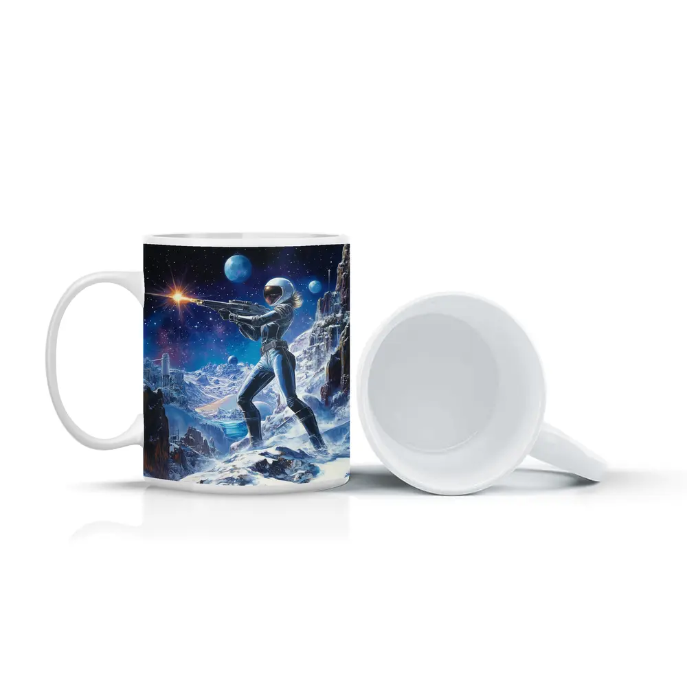 Sci Fi Woman Warrior Shooting On Alien Planet – Mugs