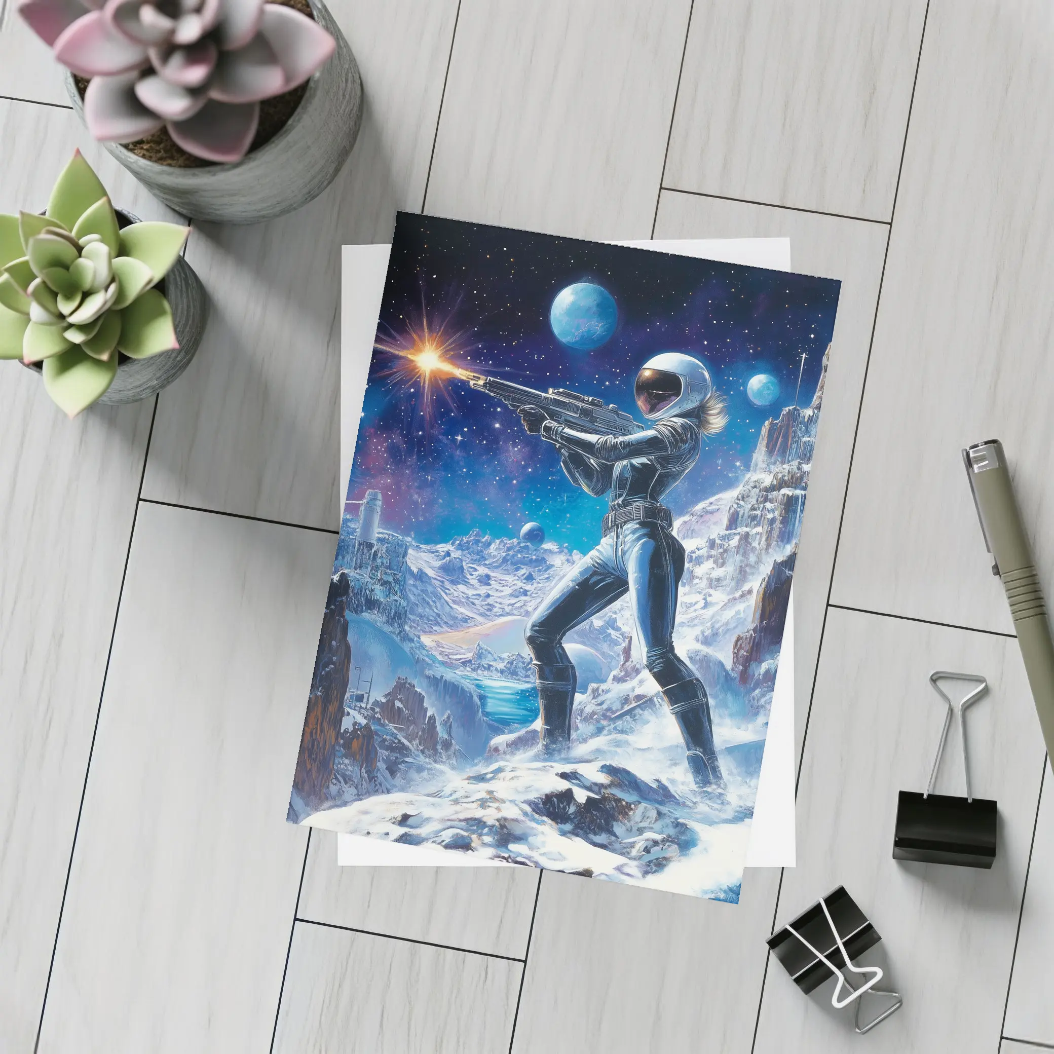 Sci Fi Woman Warrior Shooting On Alien Planet – Postcards